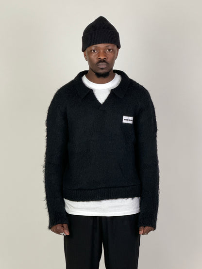 Black Mohair Knit Polo Sweater