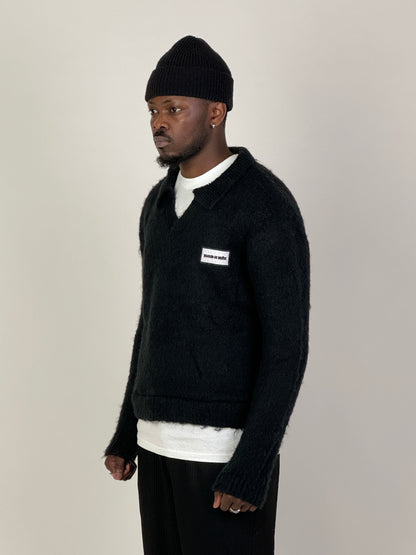 Black Mohair Knit Polo Sweater