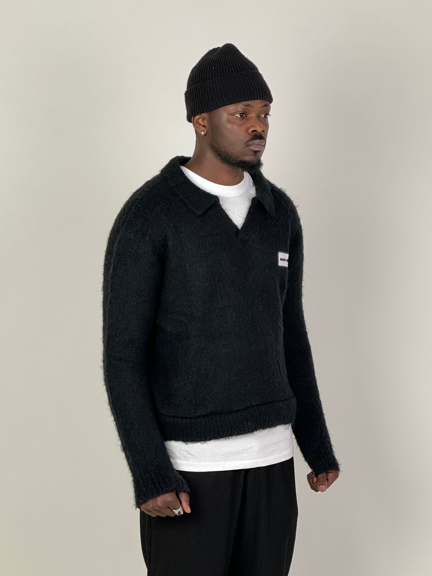 Black Mohair Knit Polo Sweater