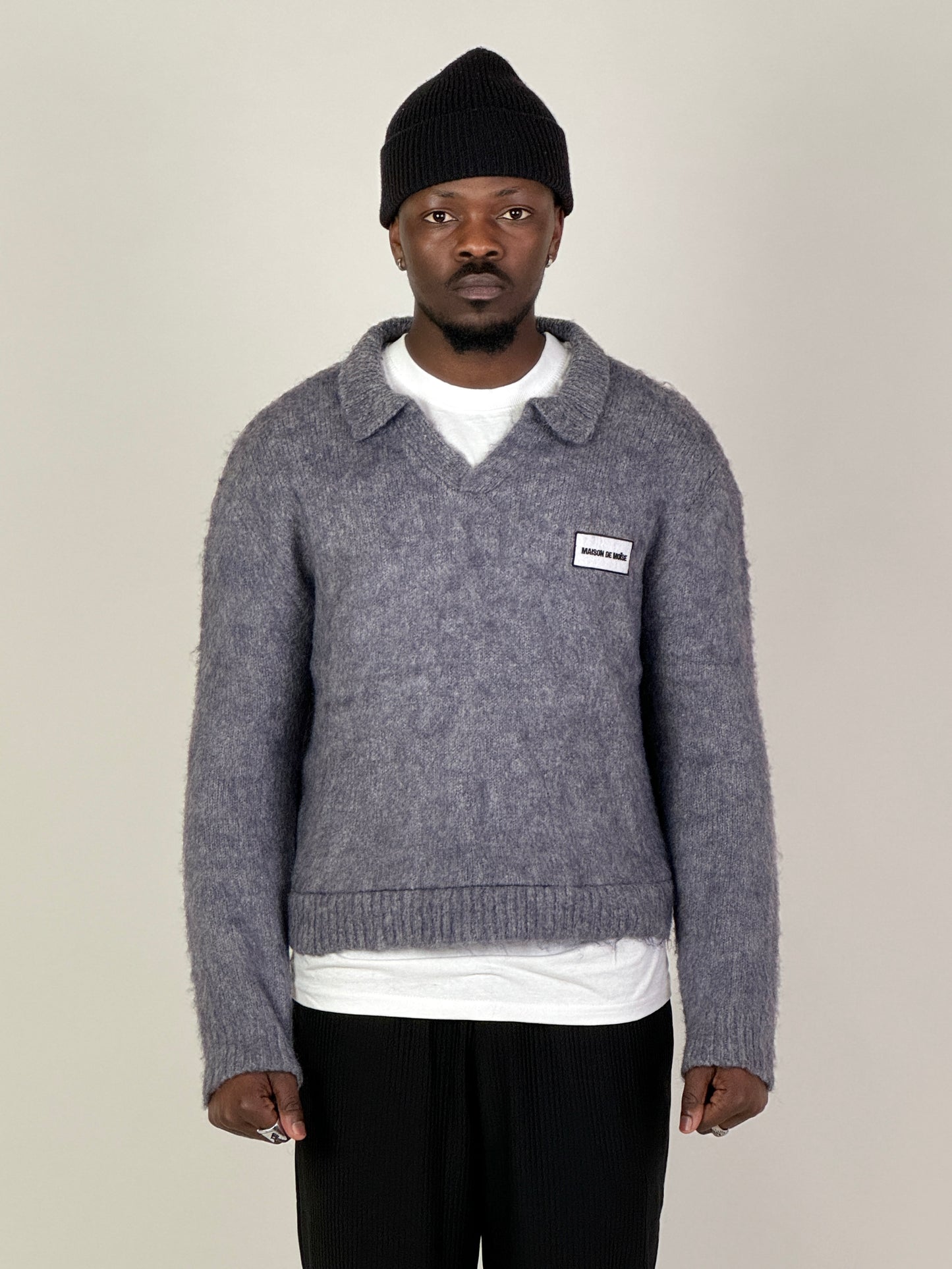 Grey Mohair Knit Polo Sweater