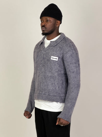 Grey Mohair Knit Polo Sweater