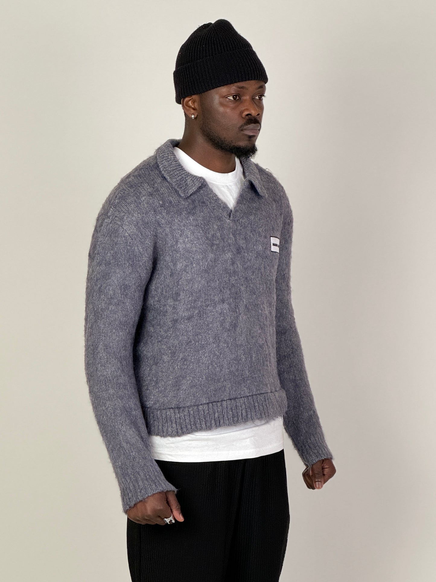 Grey Mohair Knit Polo Sweater